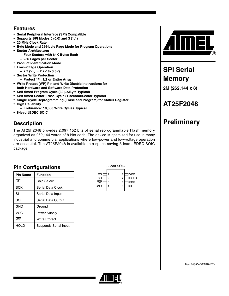 Rainbow Electronics AT25F2048 User Manual | 17 pages