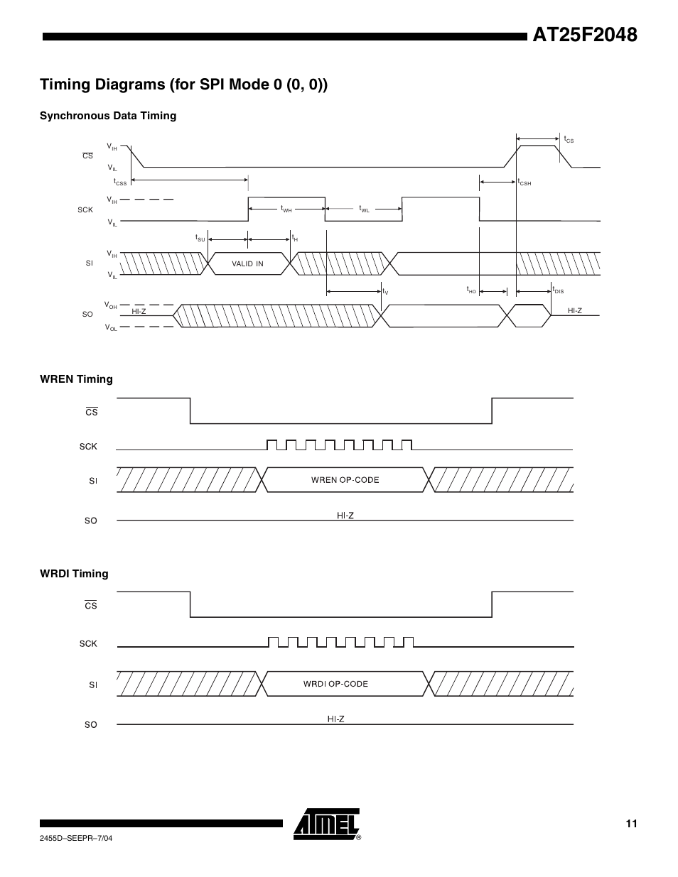 Timing diagrams (for spi mode 0 (0, 0)), Synchronous data timing, Wren timing | Wrdi timing, Synchronous data timing wren timing wrdi timing | Rainbow Electronics AT25F2048 User Manual | Page 11 / 17