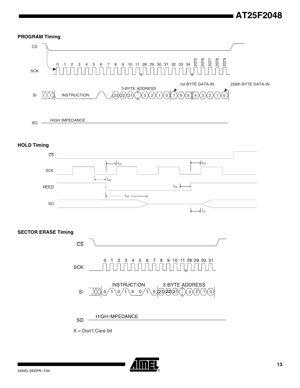 Program timing, Hold timing, Sector erase timing | Rainbow Electronics AT25F2048 User Manual | Page 13 / 17