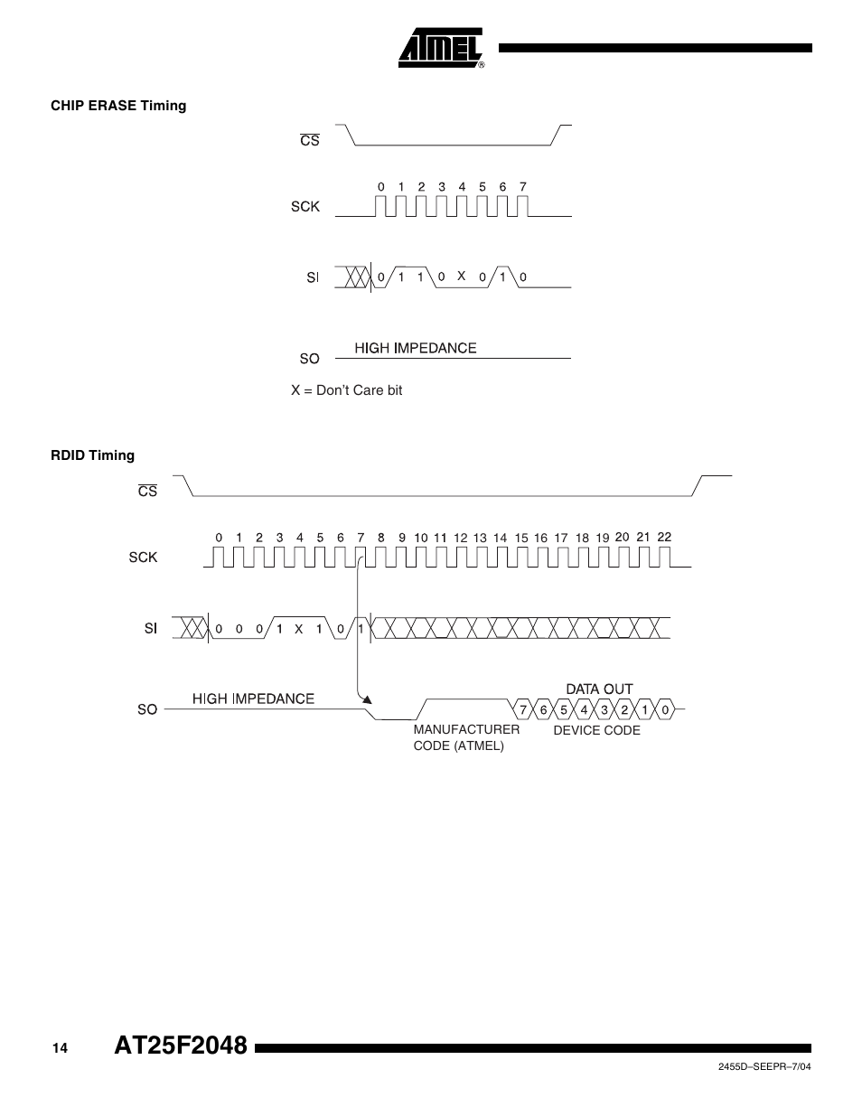 Chip erase timing, Rdid timing | Rainbow Electronics AT25F2048 User Manual | Page 14 / 17