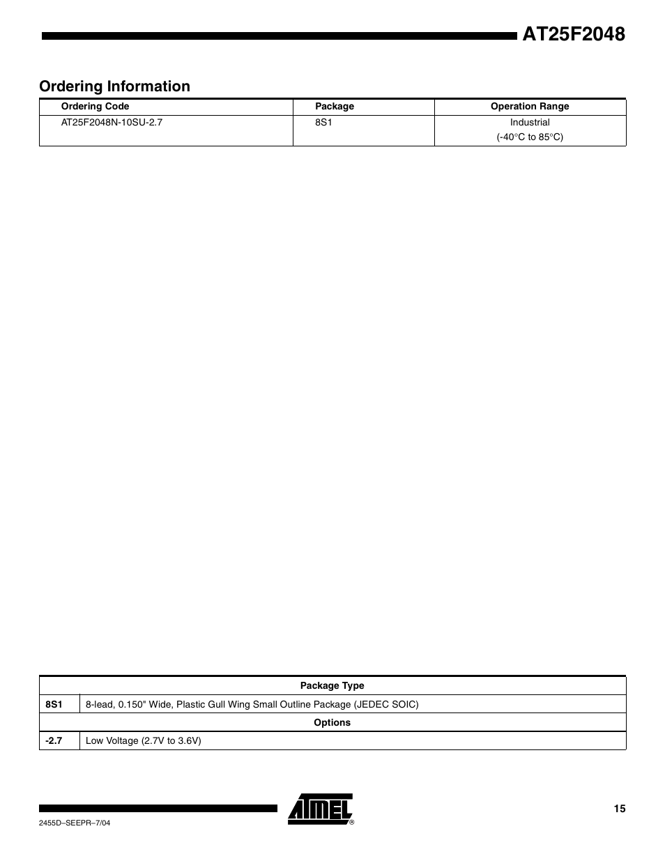 Ordering information | Rainbow Electronics AT25F2048 User Manual | Page 15 / 17