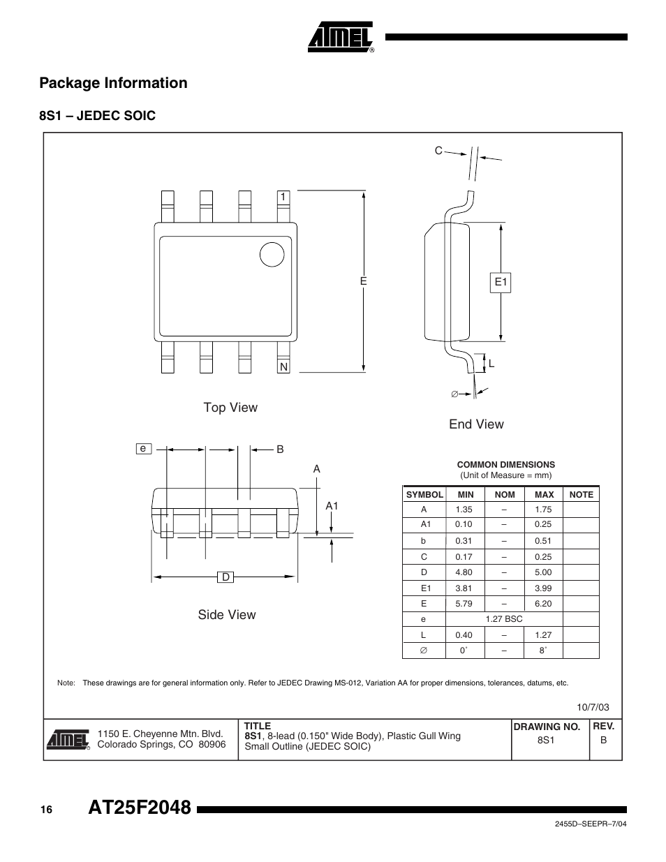 Package information, 8s1 - jedec soic, 8s1 – jedec soic | Top view end view side view | Rainbow Electronics AT25F2048 User Manual | Page 16 / 17