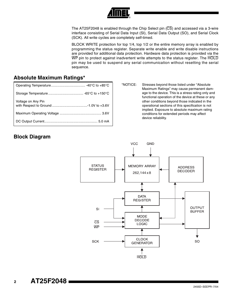 Block diagram, Block diagram absolute maximum ratings | Rainbow Electronics AT25F2048 User Manual | Page 2 / 17