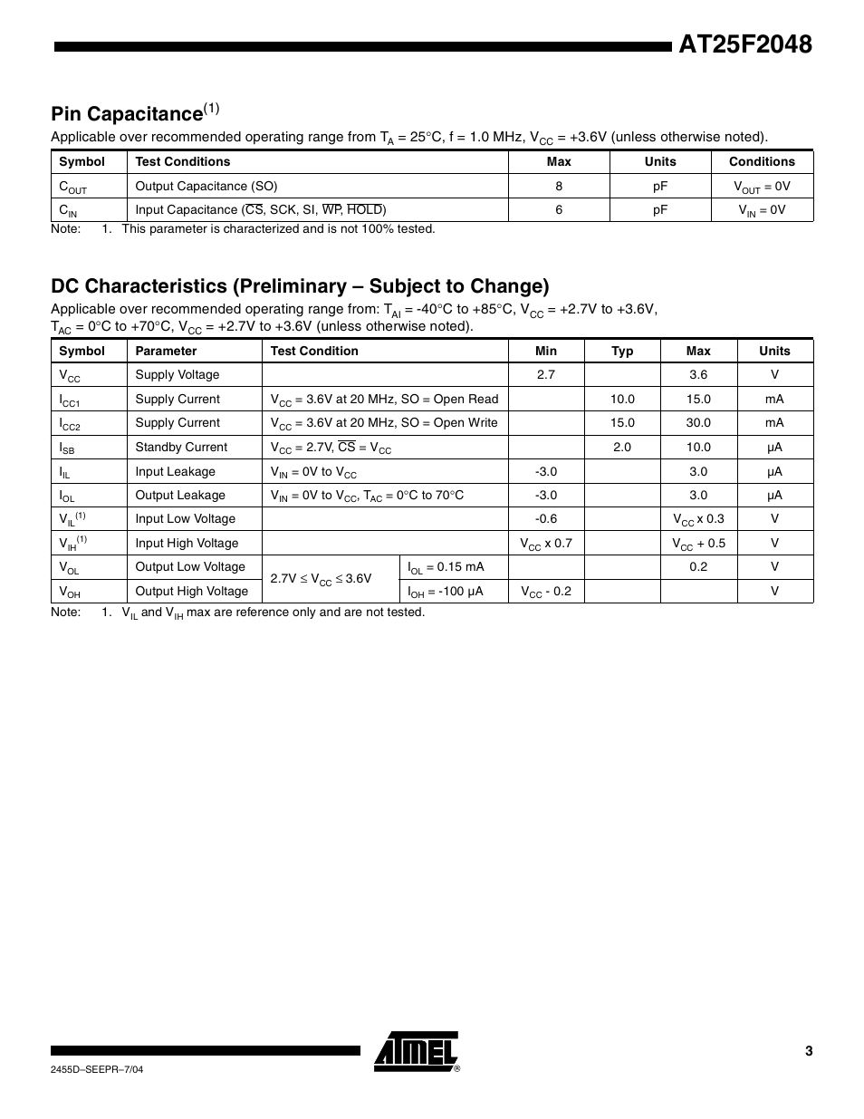 Pin capacitanc e | Rainbow Electronics AT25F2048 User Manual | Page 3 / 17