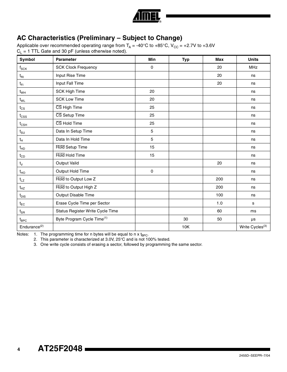 Rainbow Electronics AT25F2048 User Manual | Page 4 / 17