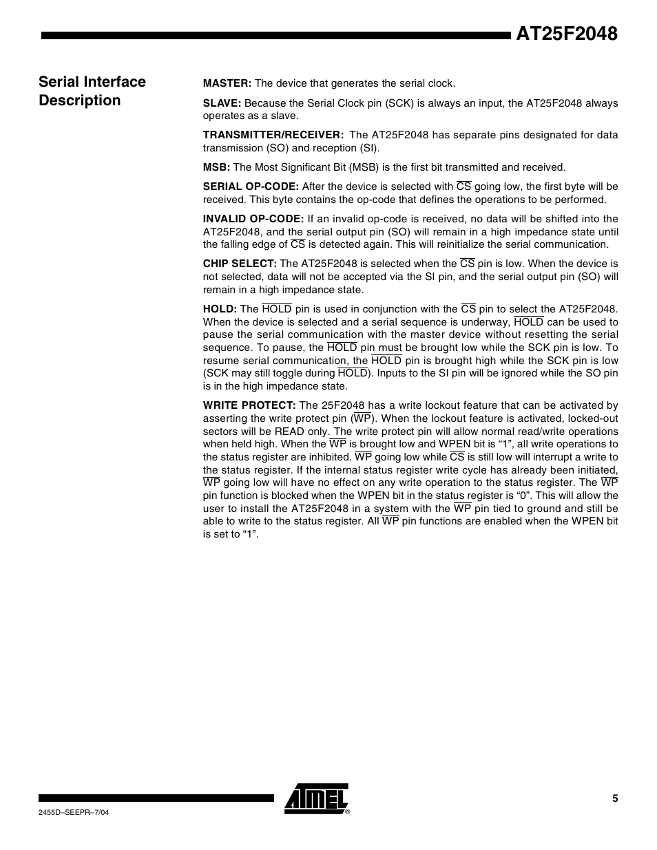Serial interface description | Rainbow Electronics AT25F2048 User Manual | Page 5 / 17
