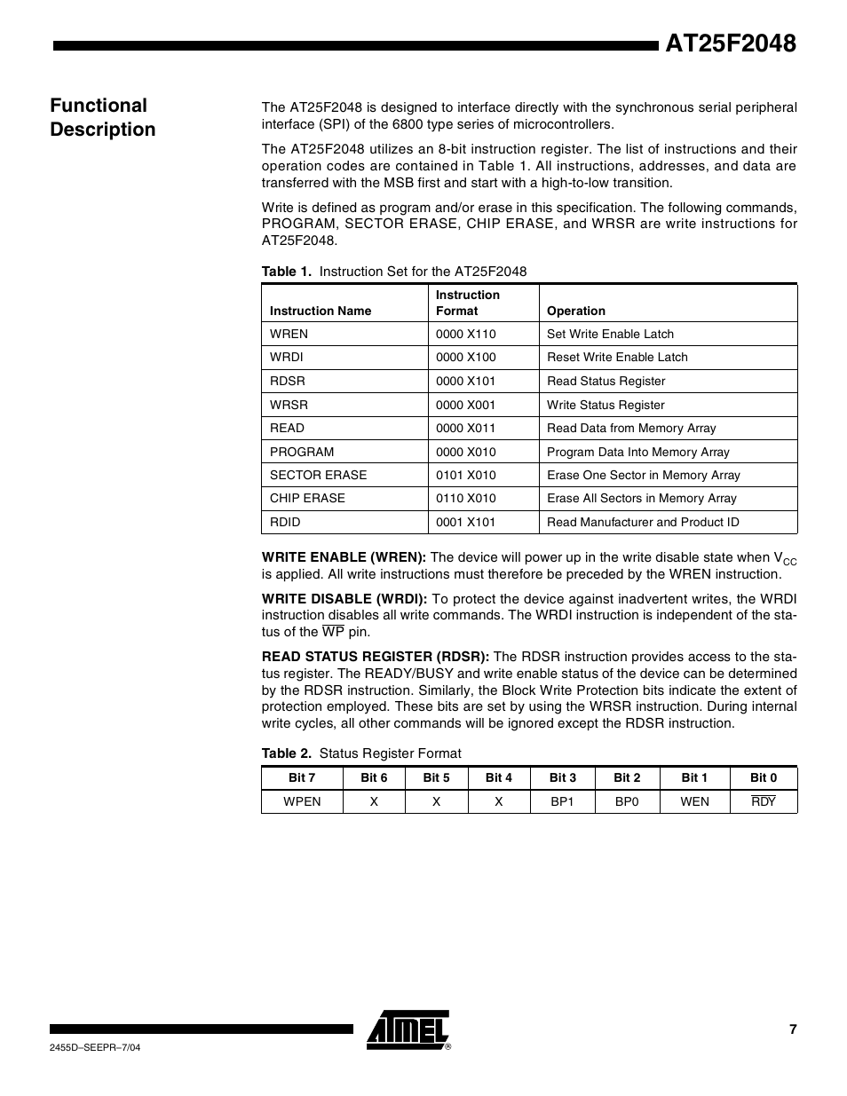 Functional description | Rainbow Electronics AT25F2048 User Manual | Page 7 / 17
