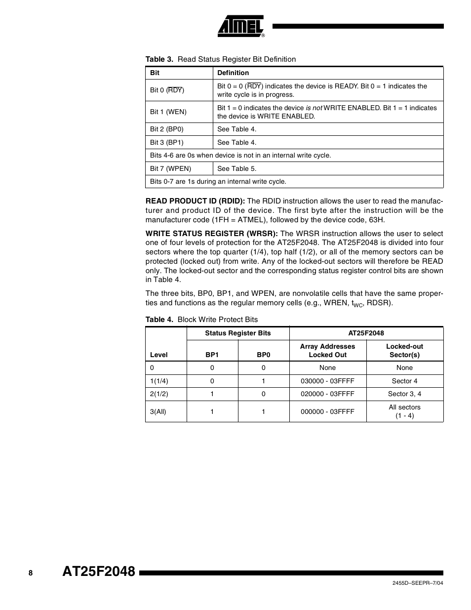 Rainbow Electronics AT25F2048 User Manual | Page 8 / 17