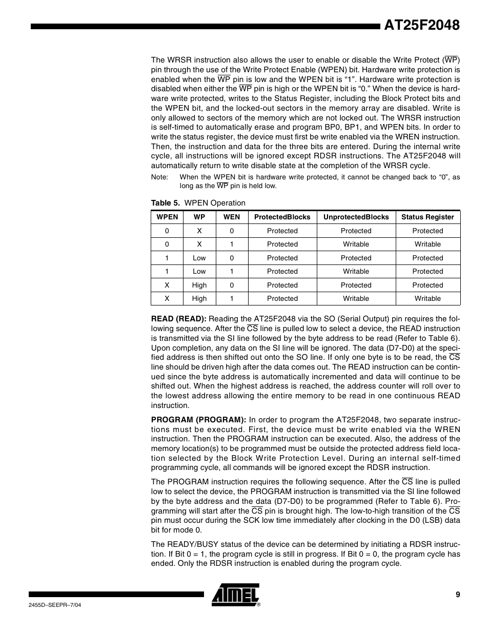 Ee table 5 | Rainbow Electronics AT25F2048 User Manual | Page 9 / 17