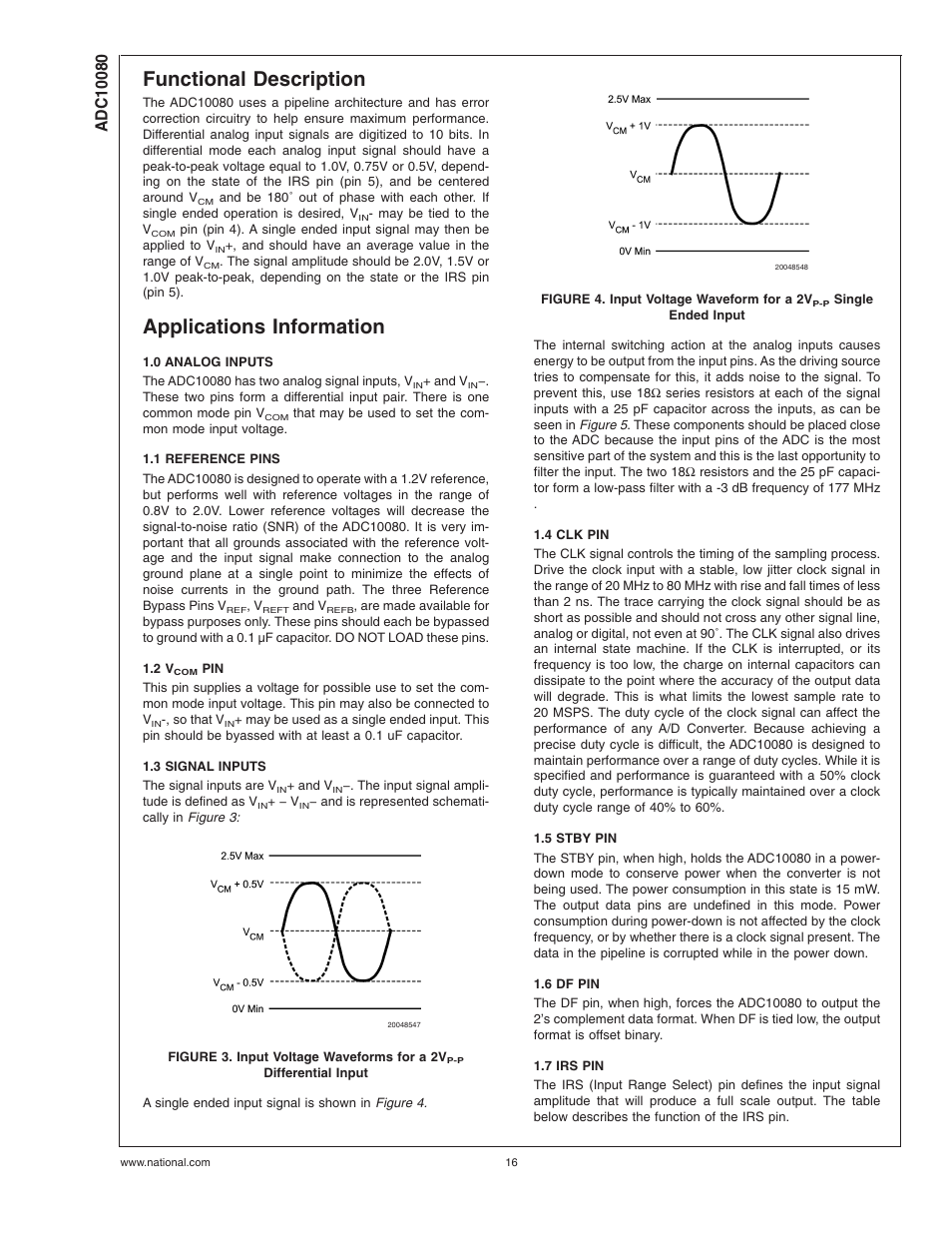 Functional description, Applications information, 0 analog inputs | 1 reference pins, 2 vcom pin, 3 signal inputs, 4 clk pin, 5 stby pin, 6 df pin, 7 irs pin | Rainbow Electronics ADC10080 User Manual | Page 16 / 19