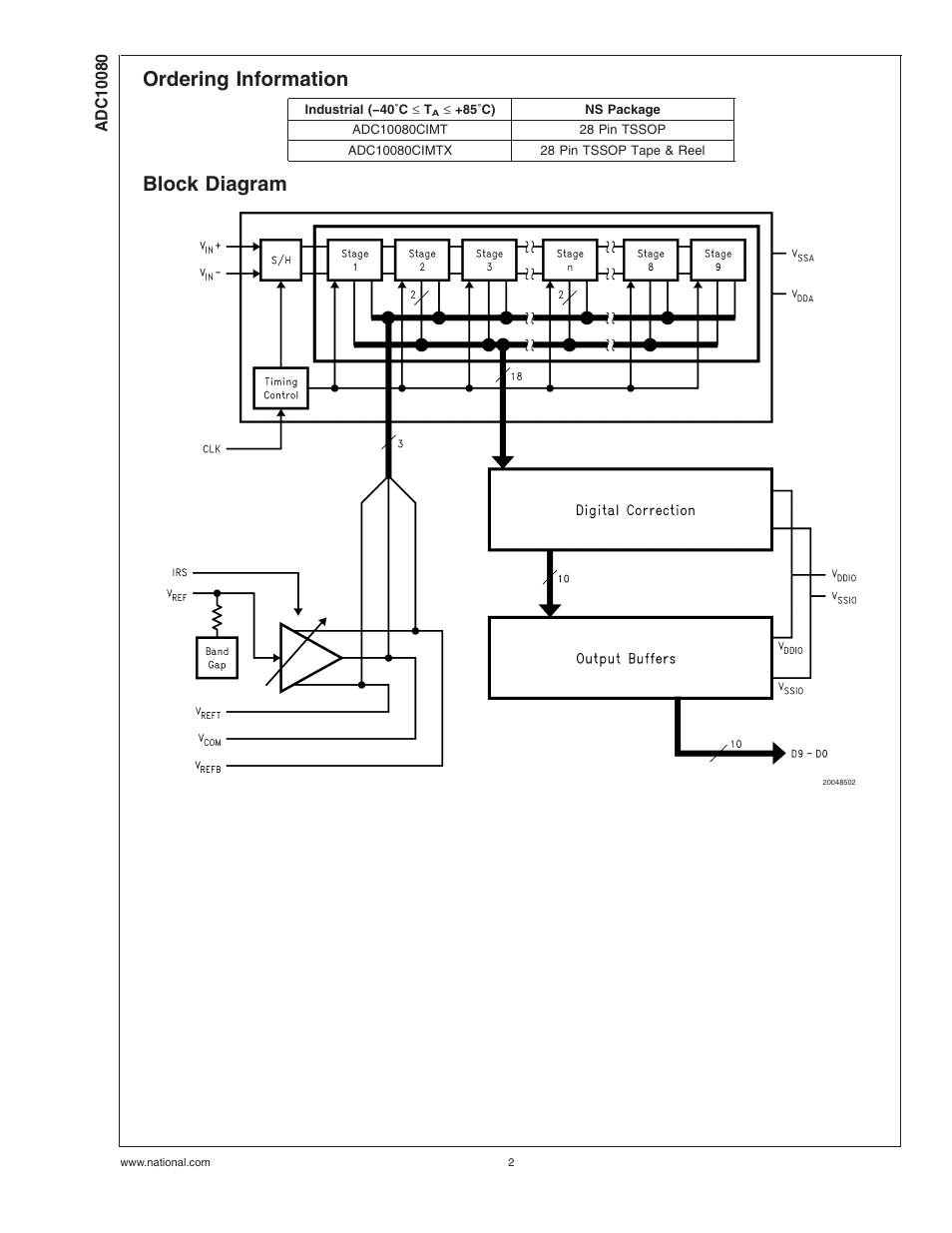 Ordering information, Block diagram | Rainbow Electronics ADC10080 User Manual | Page 2 / 19