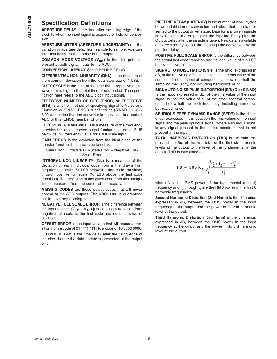 Specification definitions | Rainbow Electronics ADC10080 User Manual | Page 8 / 19