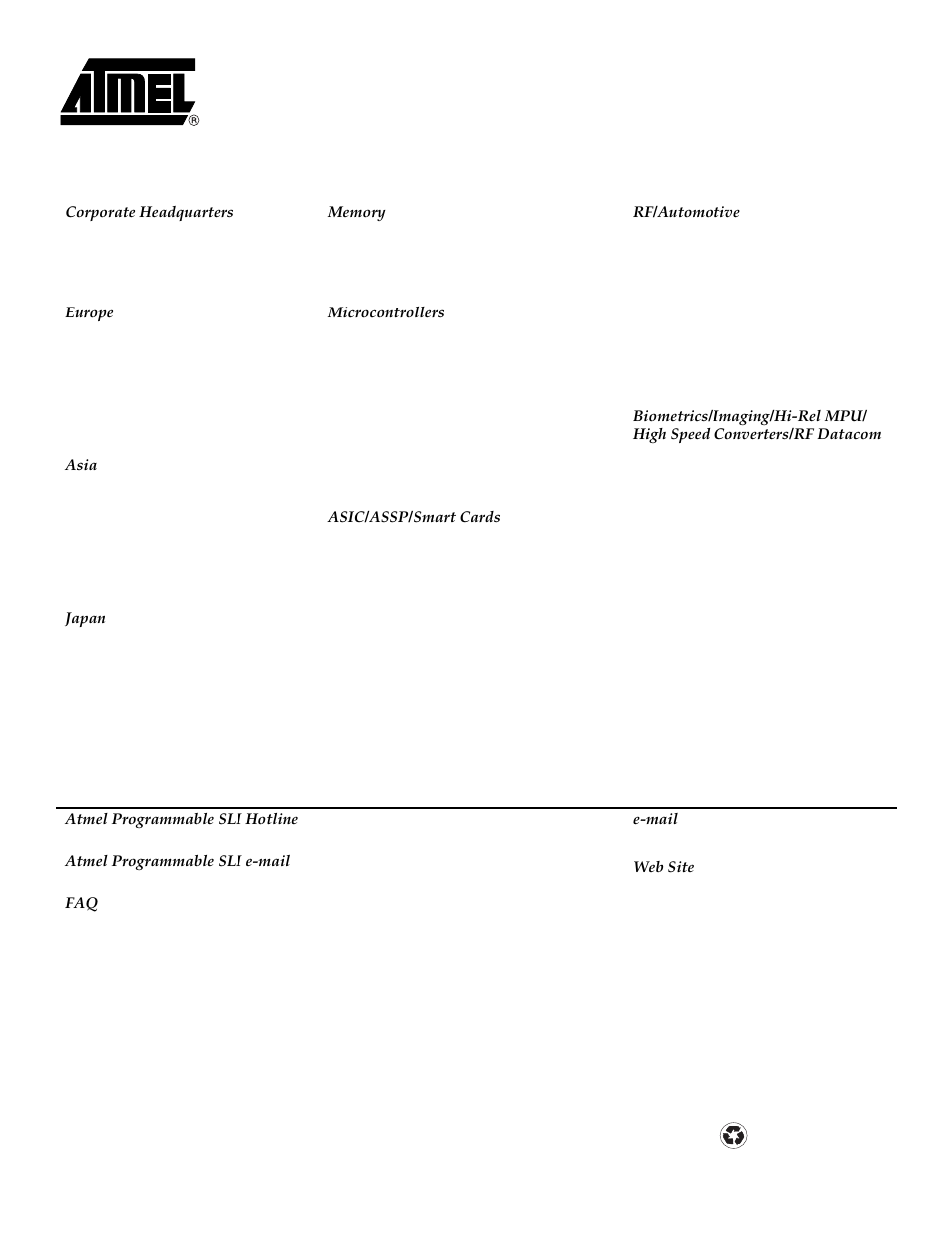 Atmel headquarters atmel operations | Rainbow Electronics AT17LV040 User Manual | Page 24 / 24