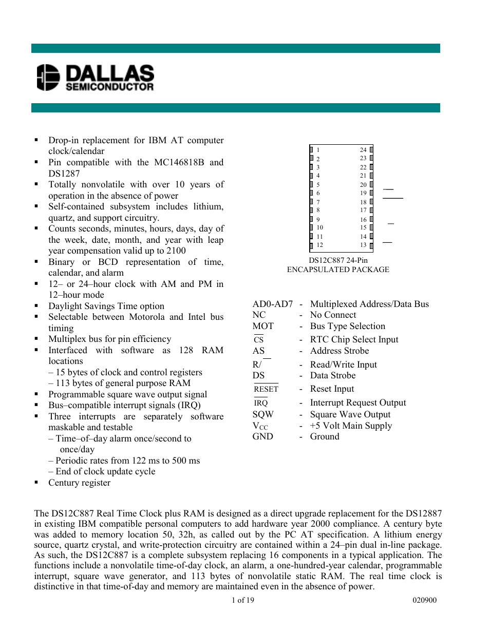 Rainbow Electronics DS12C887 User Manual | 19 pages