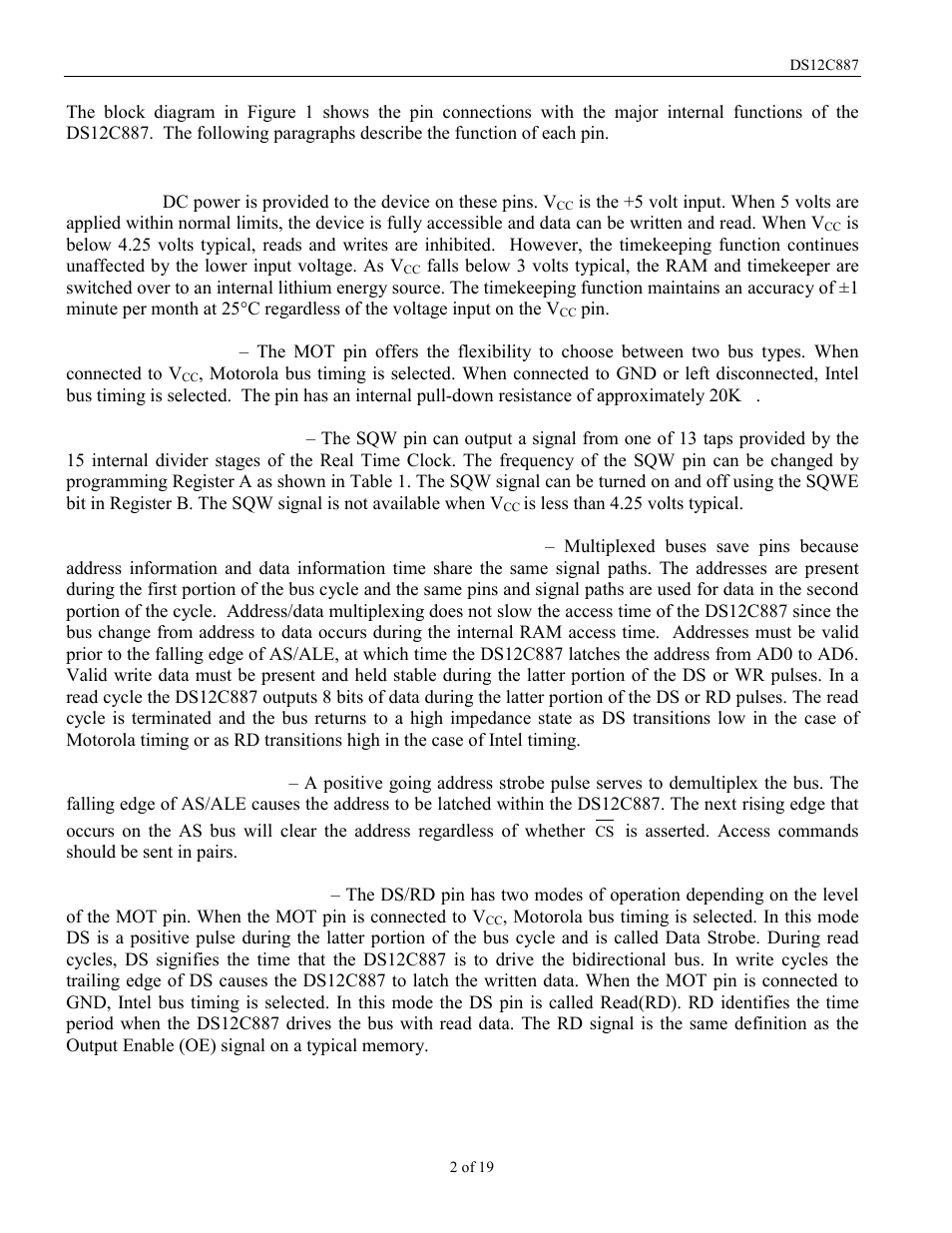Operation, Signal descriptions | Rainbow Electronics DS12C887 User Manual | Page 2 / 19