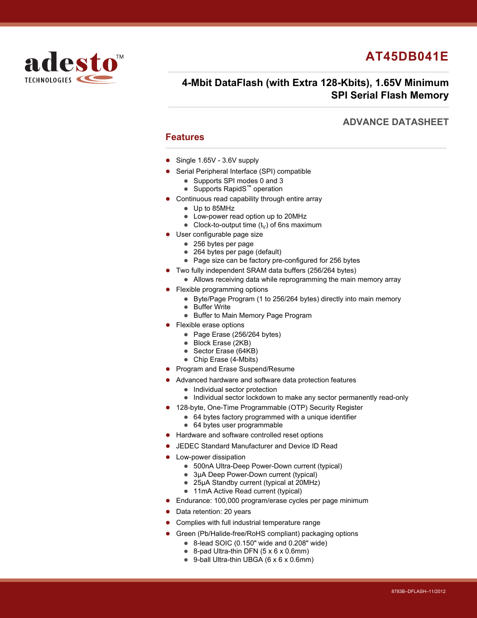 Rainbow Electronics AT45DB041E User Manual | 71 pages