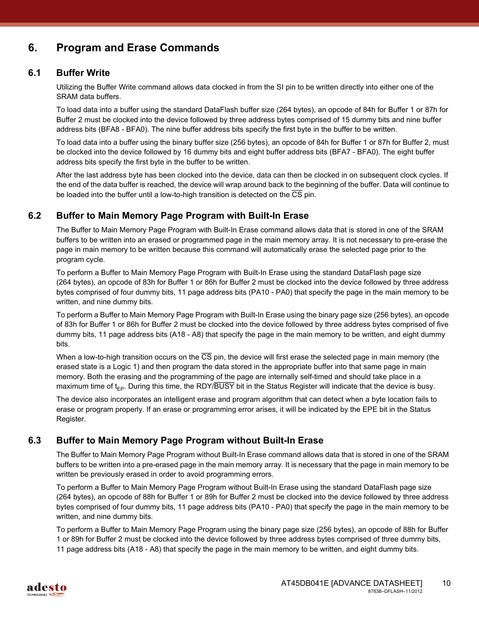 Program and erase commands, 1 buffer write | Rainbow Electronics AT45DB041E User Manual | Page 10 / 71