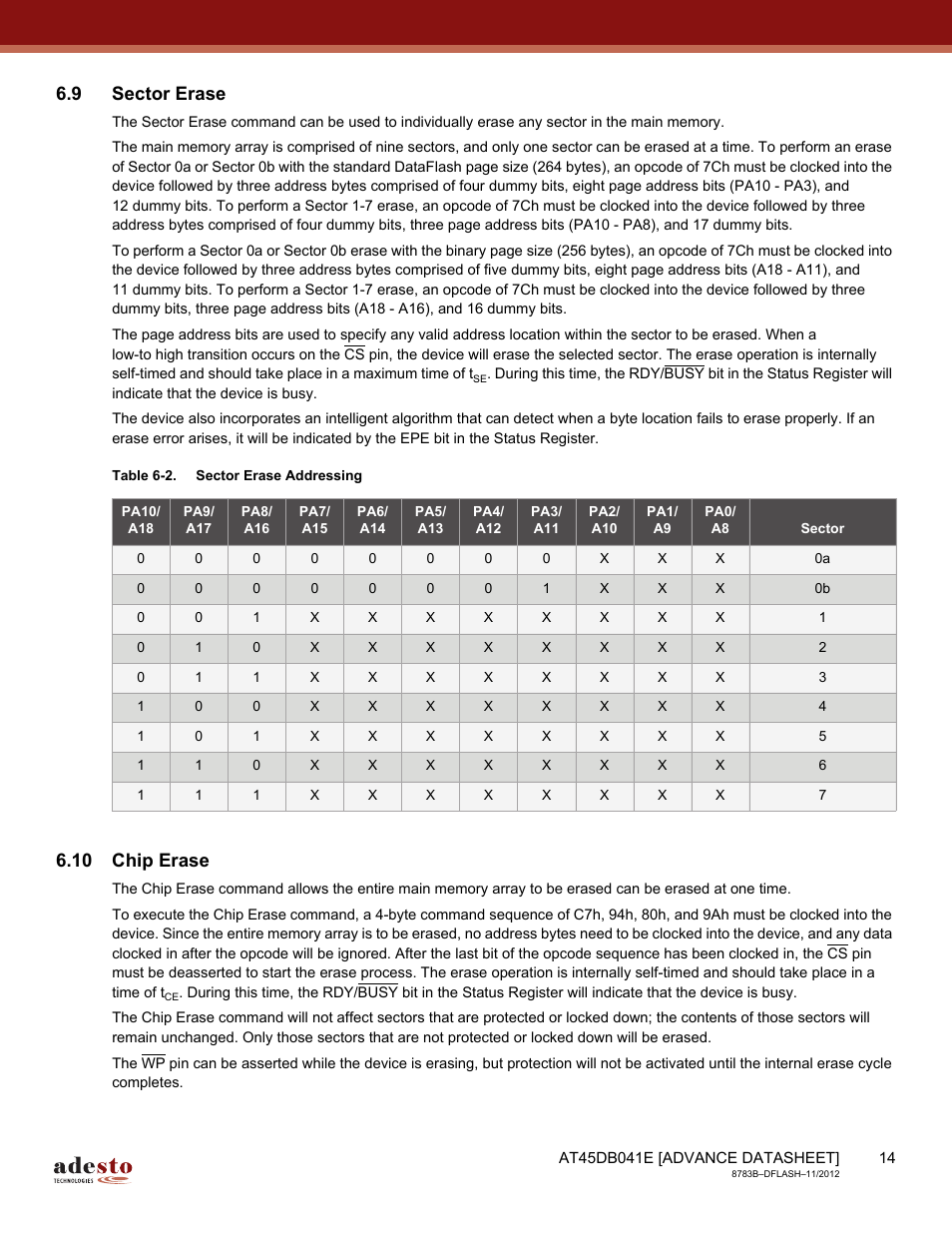 9 sector erase, 10 chip erase | Rainbow Electronics AT45DB041E User Manual | Page 14 / 71