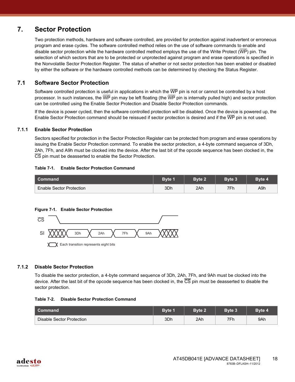 Sector protection, 1 software sector protection, 1 enable sector protection | 2 disable sector protection | Rainbow Electronics AT45DB041E User Manual | Page 18 / 71