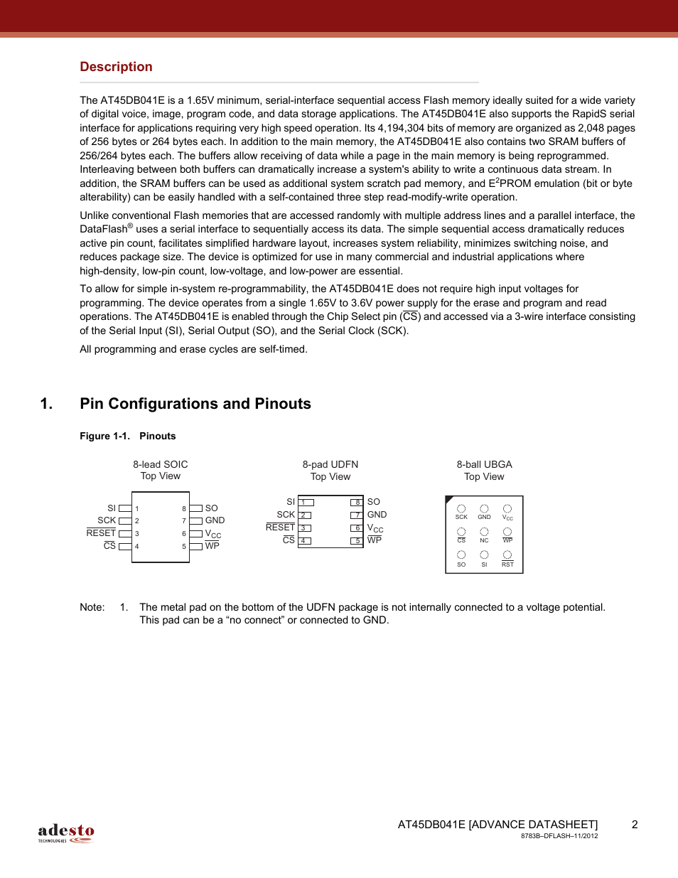 Description, Pin configurations and pinouts | Rainbow Electronics AT45DB041E User Manual | Page 2 / 71