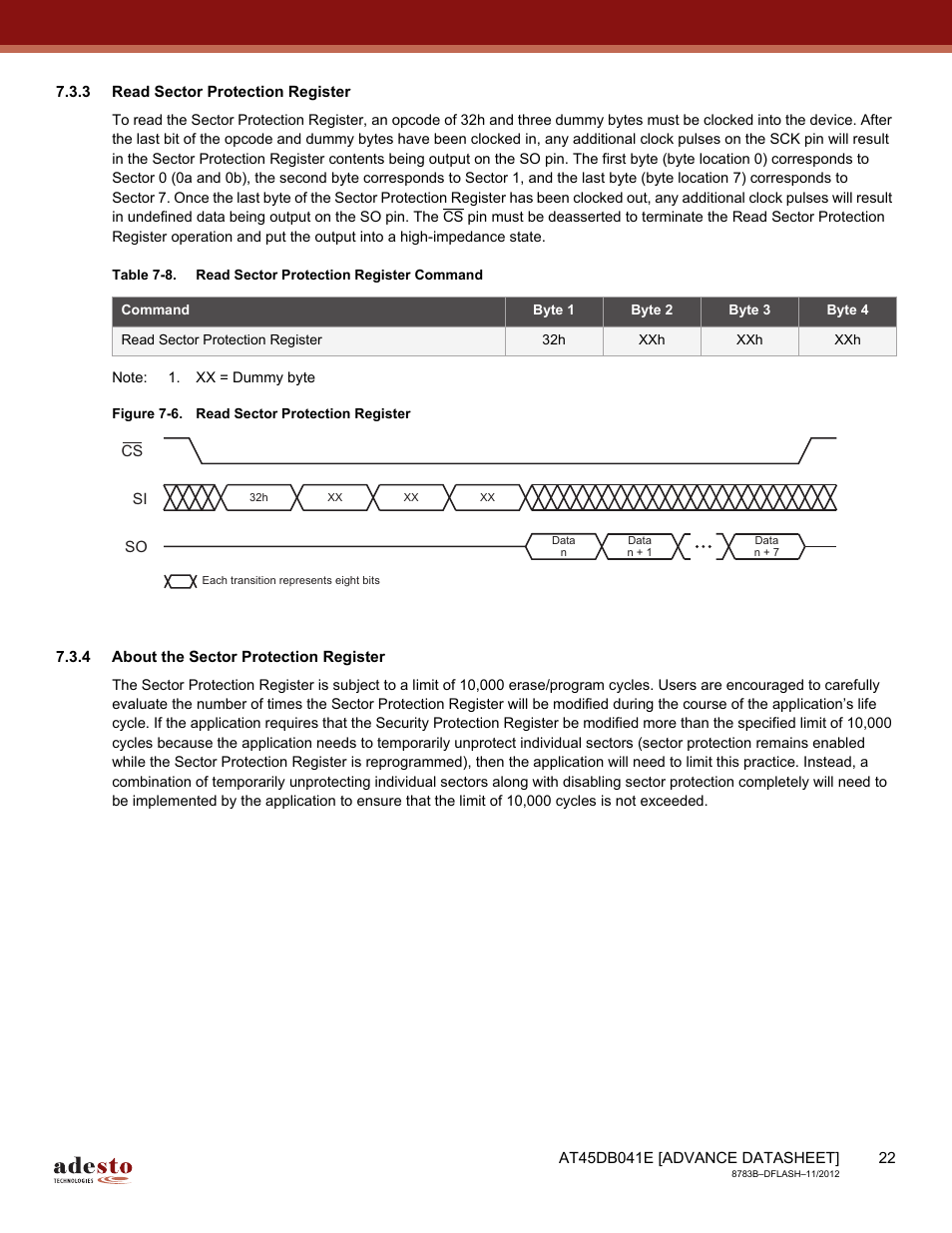 3 read sector protection register, 4 about the sector protection register | Rainbow Electronics AT45DB041E User Manual | Page 22 / 71