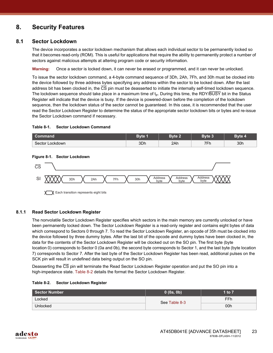 Security features, 1 sector lockdown, 1 read sector lockdown register | Rainbow Electronics AT45DB041E User Manual | Page 23 / 71