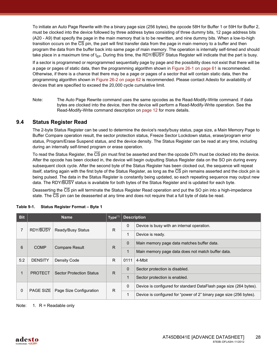 4 status register read | Rainbow Electronics AT45DB041E User Manual | Page 28 / 71