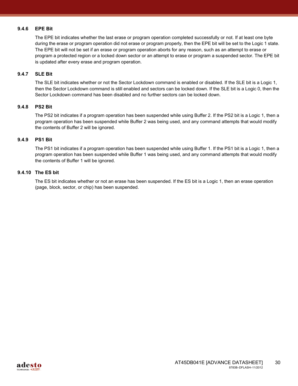 6 epe bit, 7 sle bit, 8 ps2 bit | 9 ps1 bit, 10 the es bit | Rainbow Electronics AT45DB041E User Manual | Page 30 / 71