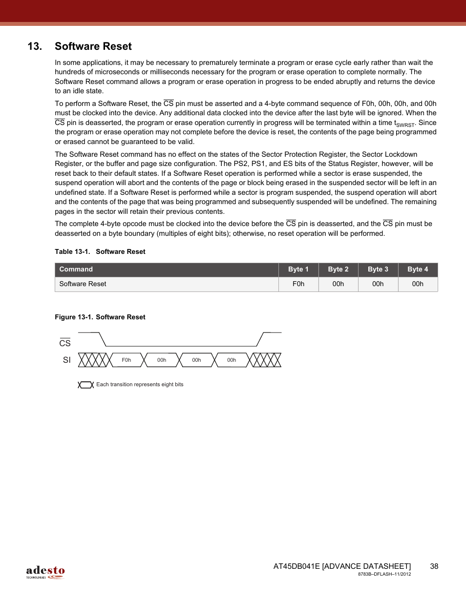 Software reset | Rainbow Electronics AT45DB041E User Manual | Page 38 / 71
