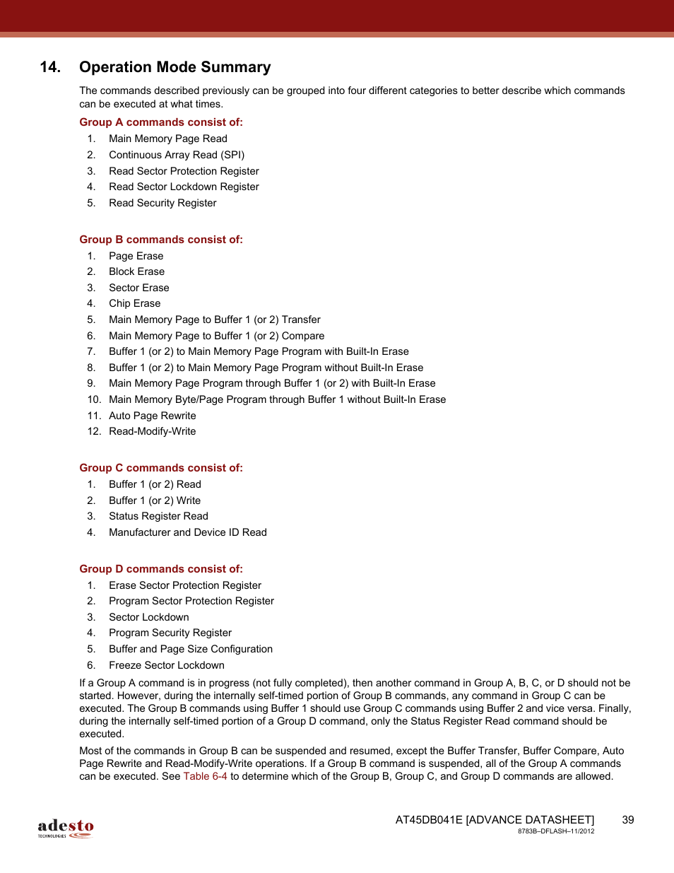 Operation mode summary, Group a commands consist of, Group b commands consist of | Group c commands consist of, Group d commands consist of | Rainbow Electronics AT45DB041E User Manual | Page 39 / 71