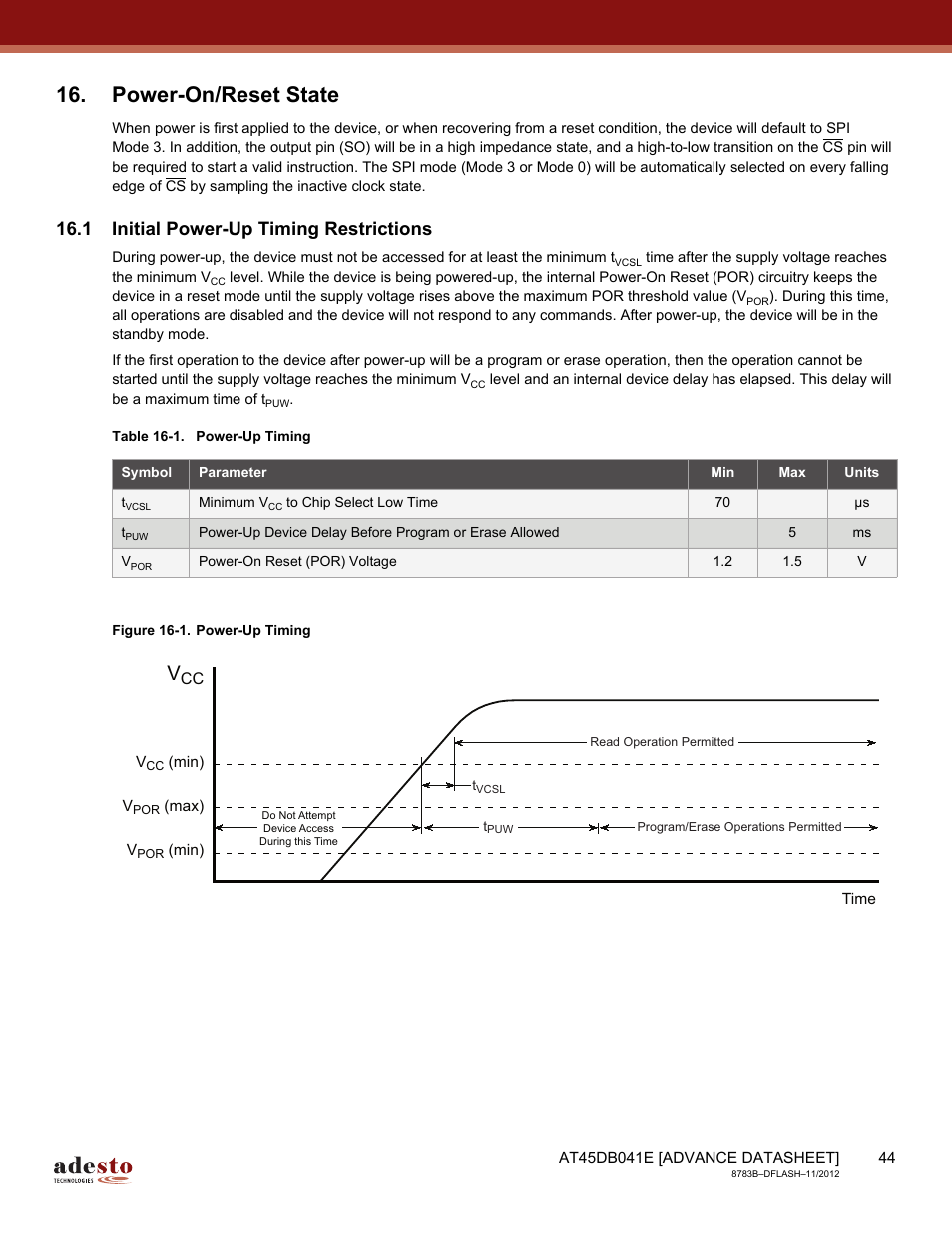 Power-on/reset state, 1 initial power-up timing restrictions | Rainbow Electronics AT45DB041E User Manual | Page 44 / 71