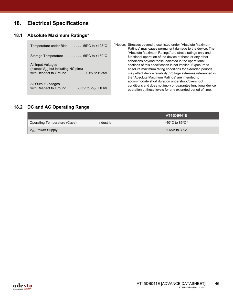 Electrical specifications, 1 absolute maximum ratings, 2 dc and ac operating range | Rainbow Electronics AT45DB041E User Manual | Page 46 / 71