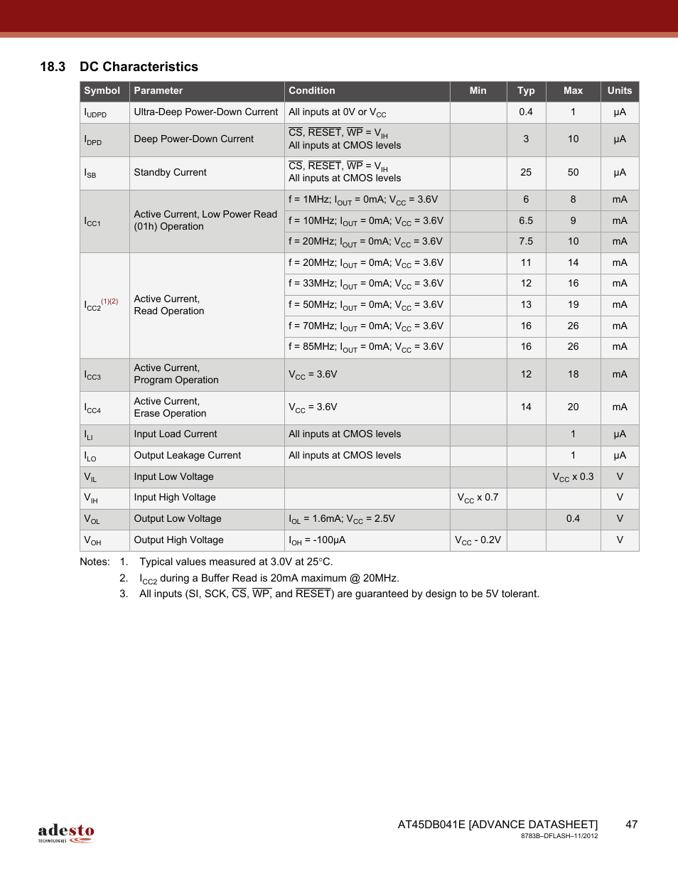 3 dc characteristics | Rainbow Electronics AT45DB041E User Manual | Page 47 / 71