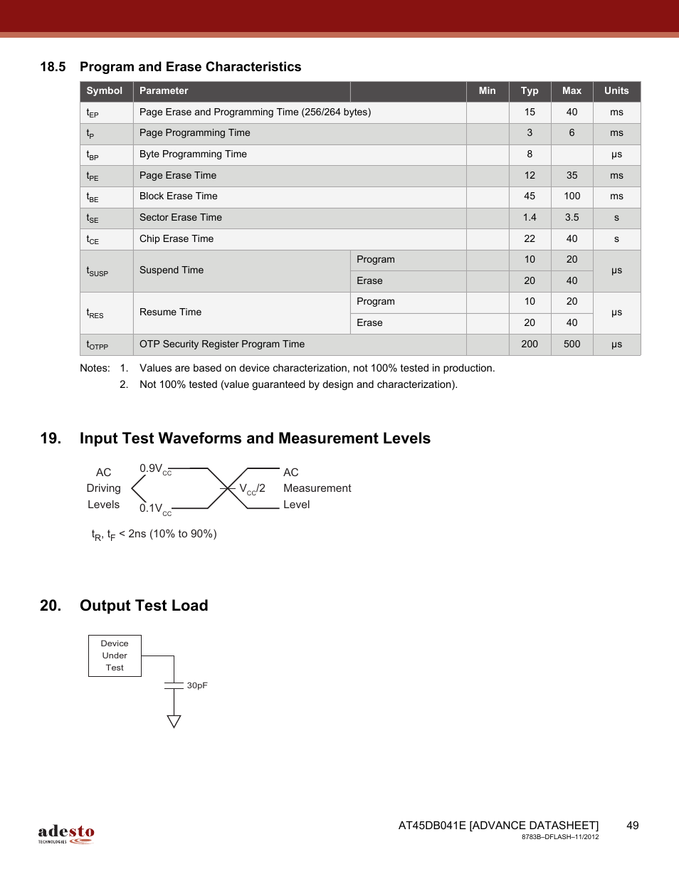 5 program and erase characteristics, Input test waveforms and measurement levels, Output test load | Rainbow Electronics AT45DB041E User Manual | Page 49 / 71