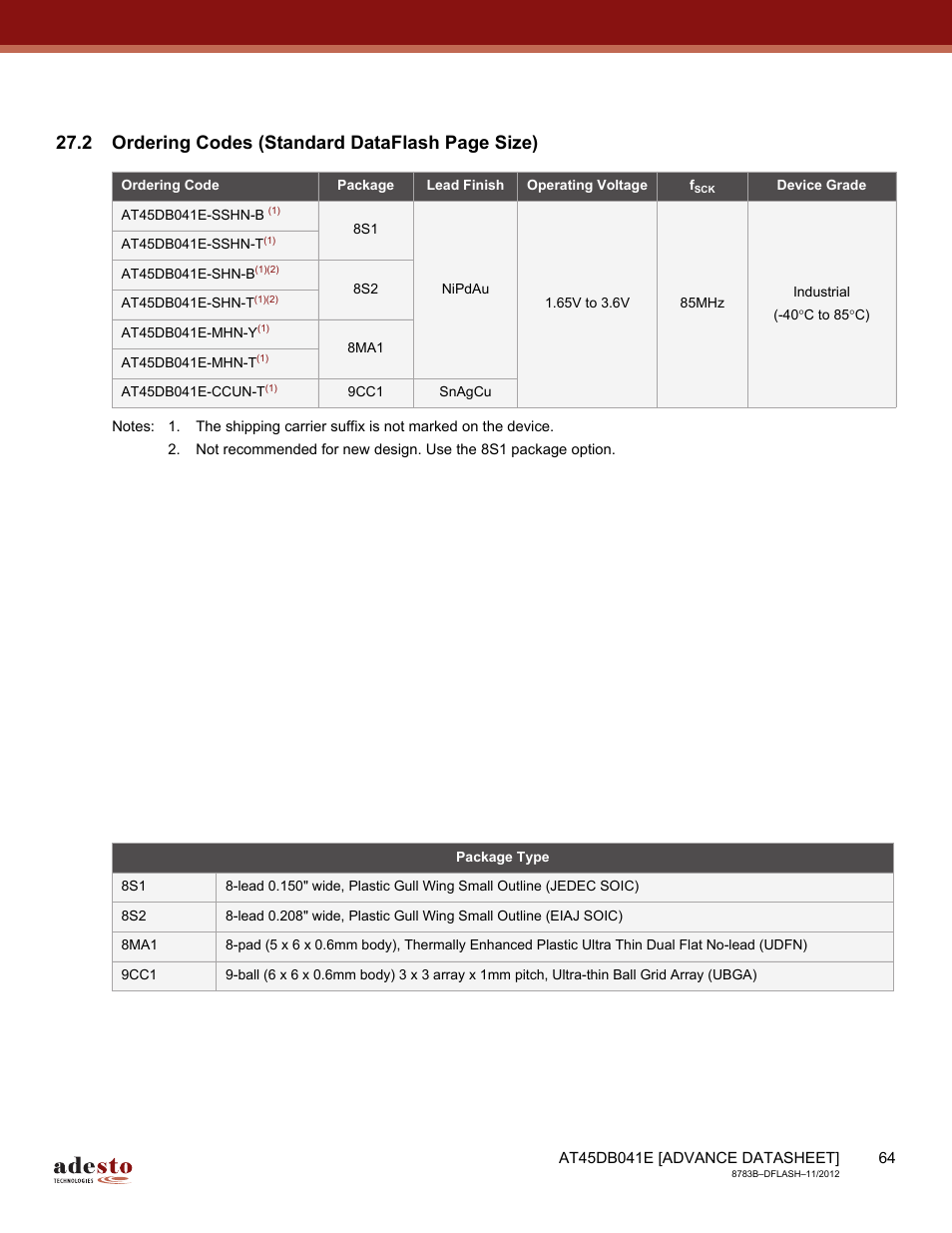 2 ordering codes (standard dataflash page size) | Rainbow Electronics AT45DB041E User Manual | Page 64 / 71