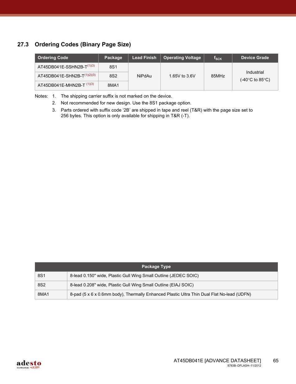 3 ordering codes (binary page size) | Rainbow Electronics AT45DB041E User Manual | Page 65 / 71