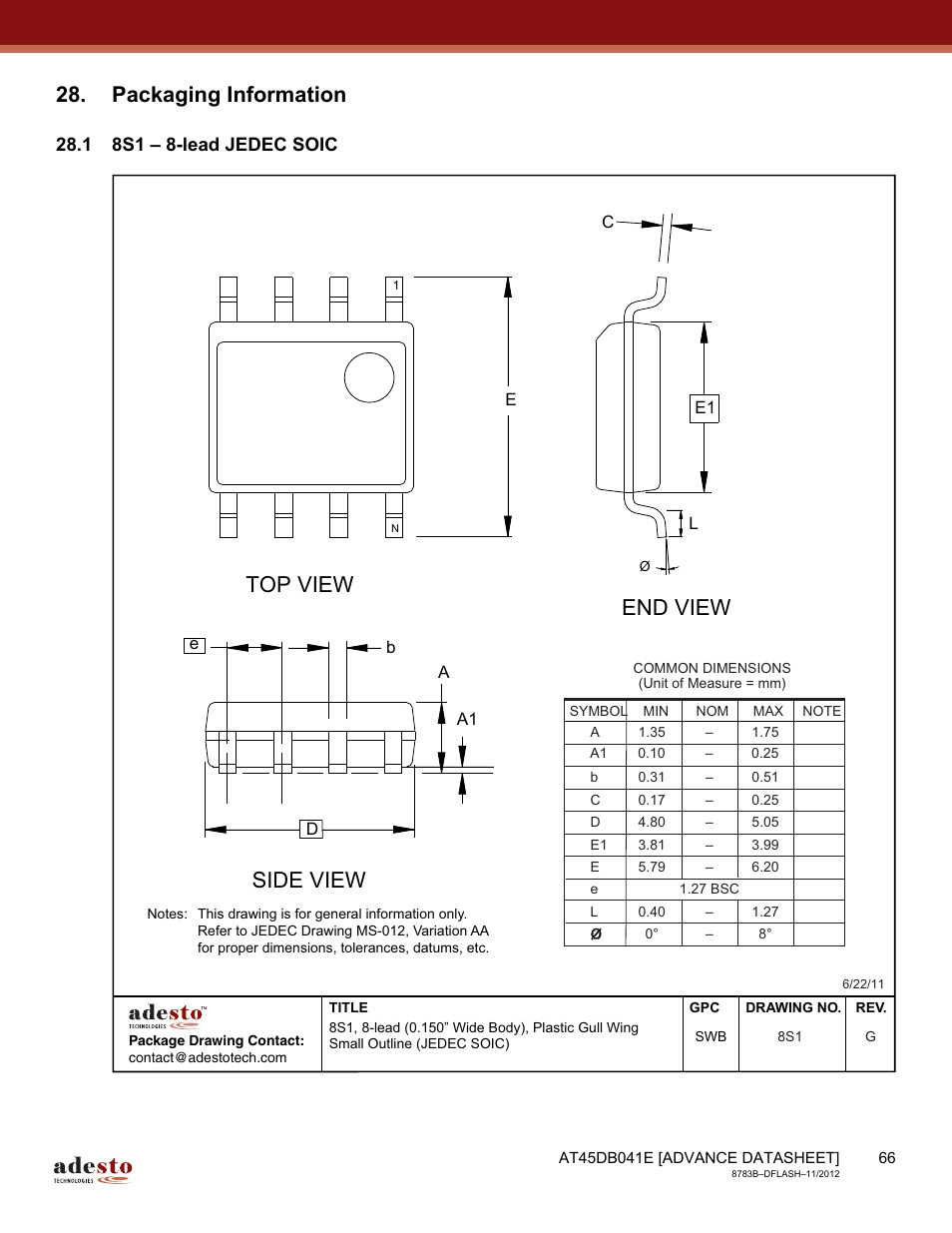 Packaging information, 1 8s1 – 8-lead jedec soic, Top view | End view, Side view | Rainbow Electronics AT45DB041E User Manual | Page 66 / 71