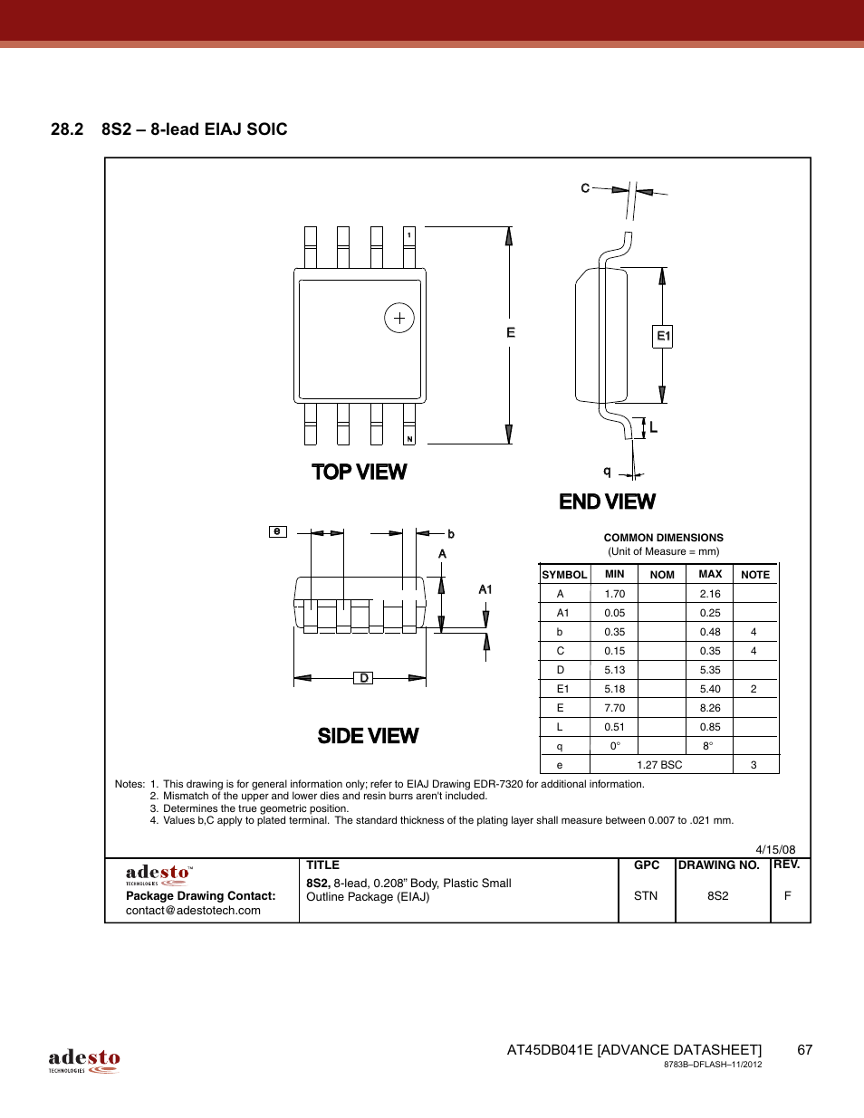2 8s2 – 8-lead eiaj soic, Top view, End view | Side view | Rainbow Electronics AT45DB041E User Manual | Page 67 / 71
