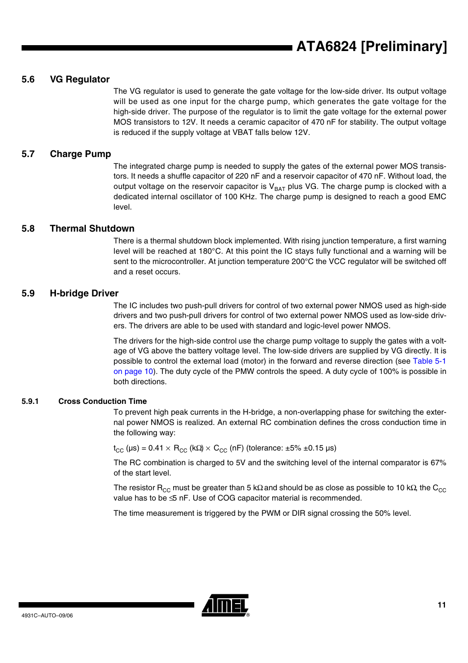 Ata6824 [preliminary, 6 vg regulator, 7 charge pump | 8 thermal shutdown, 9 h-bridge driver | Rainbow Electronics ATA6824 User Manual | Page 11 / 22