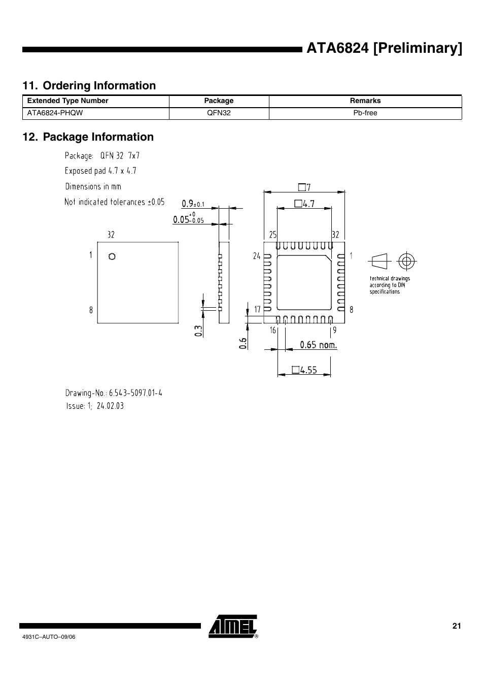 Ata6824 [preliminary, Package information 11. ordering information | Rainbow Electronics ATA6824 User Manual | Page 21 / 22