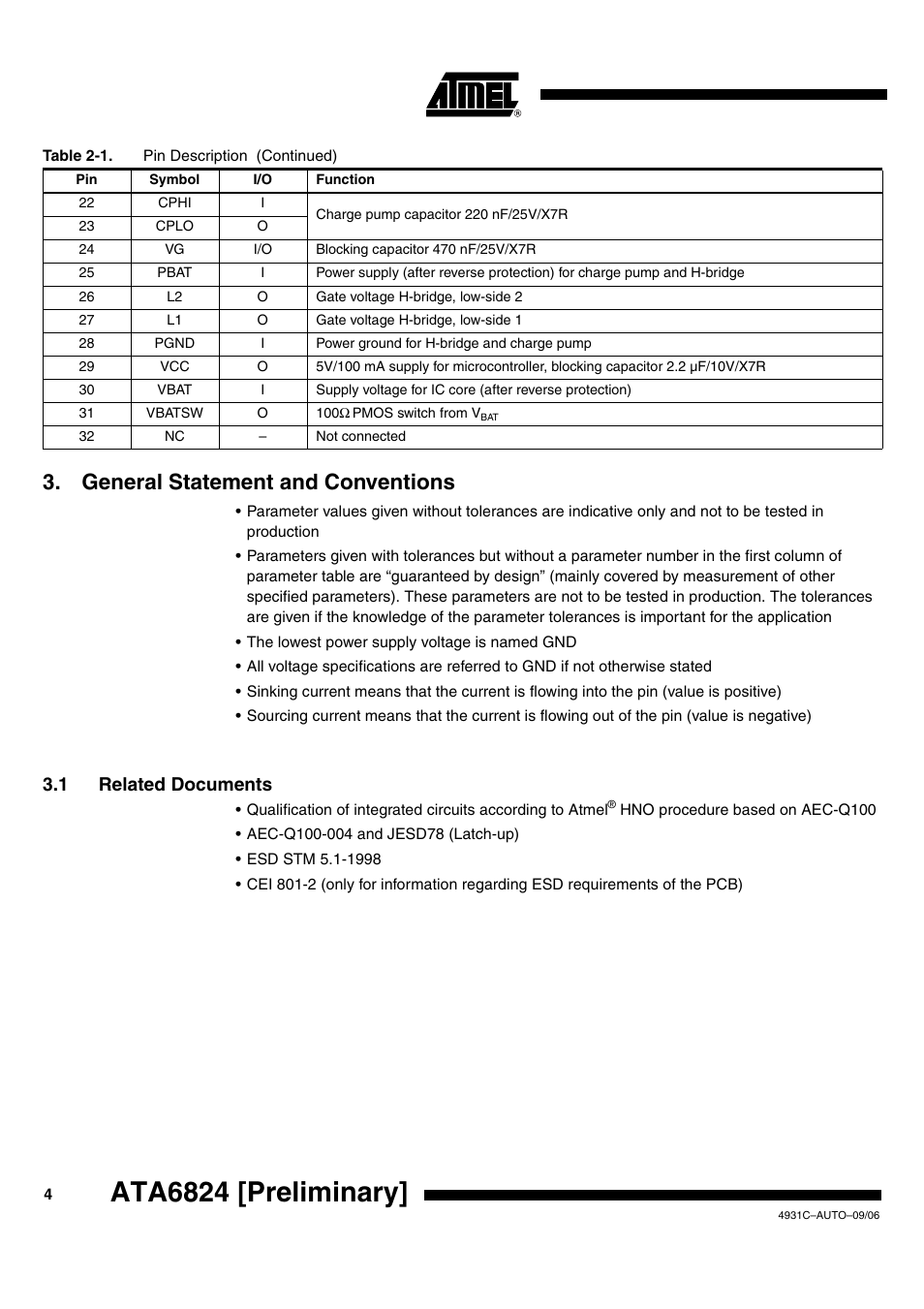 Ata6824 [preliminary, General statement and conventions, 1 related documents | Rainbow Electronics ATA6824 User Manual | Page 4 / 22