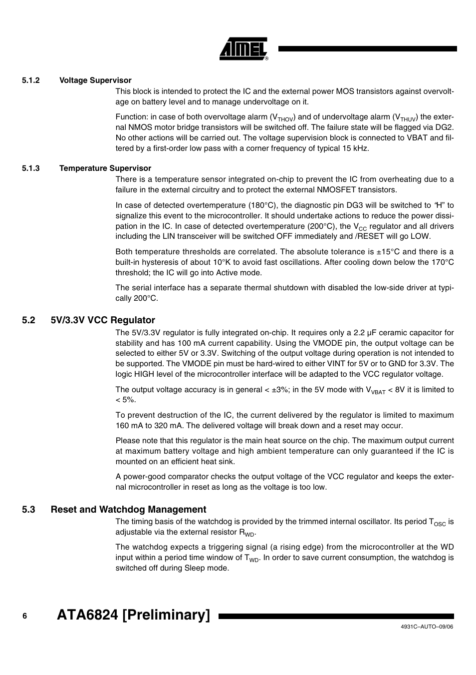 Ata6824 [preliminary, 2 5v/3.3v vcc regulator, 3 reset and watchdog management | Rainbow Electronics ATA6824 User Manual | Page 6 / 22