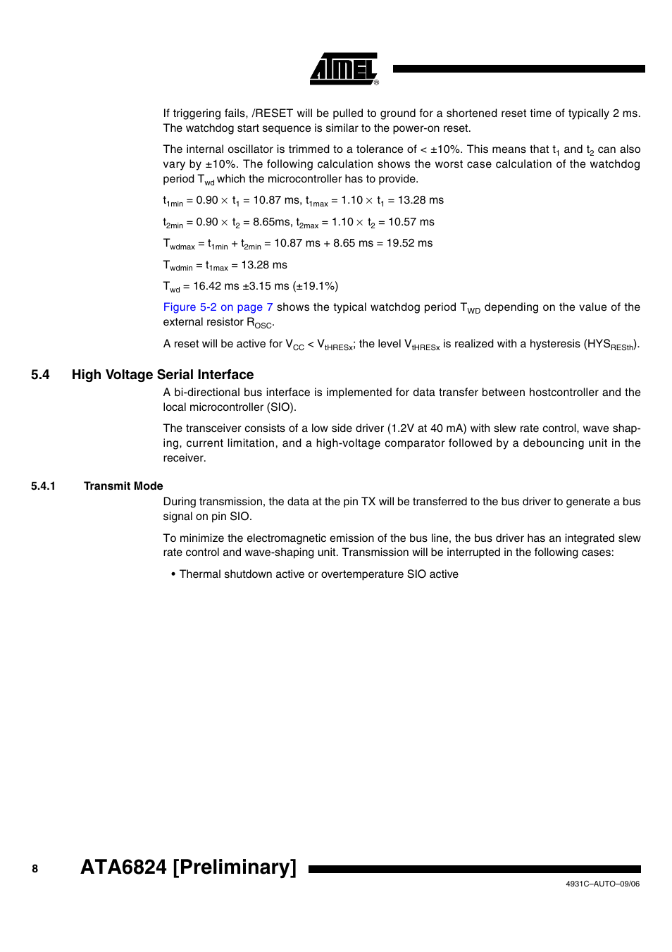 Ata6824 [preliminary, 4 high voltage serial interface | Rainbow Electronics ATA6824 User Manual | Page 8 / 22