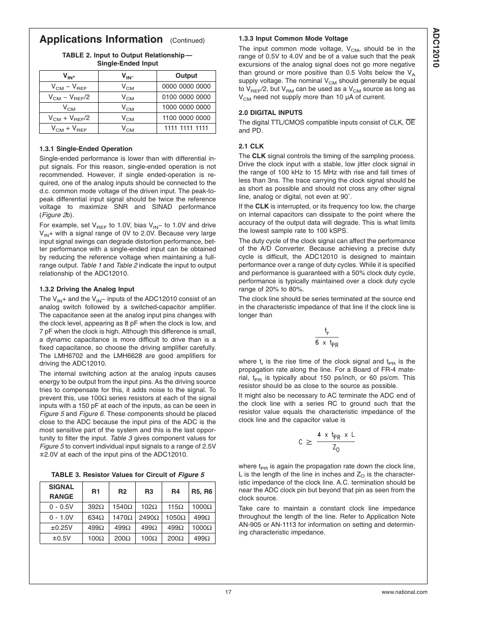 1 single-ended operation, 2 driving the analog input, Table 3. resistor values for circuit of | 3 input common mode voltage, 0 digital inputs, 1 clk, Applications information | Rainbow Electronics ADC12010 User Manual | Page 17 / 22