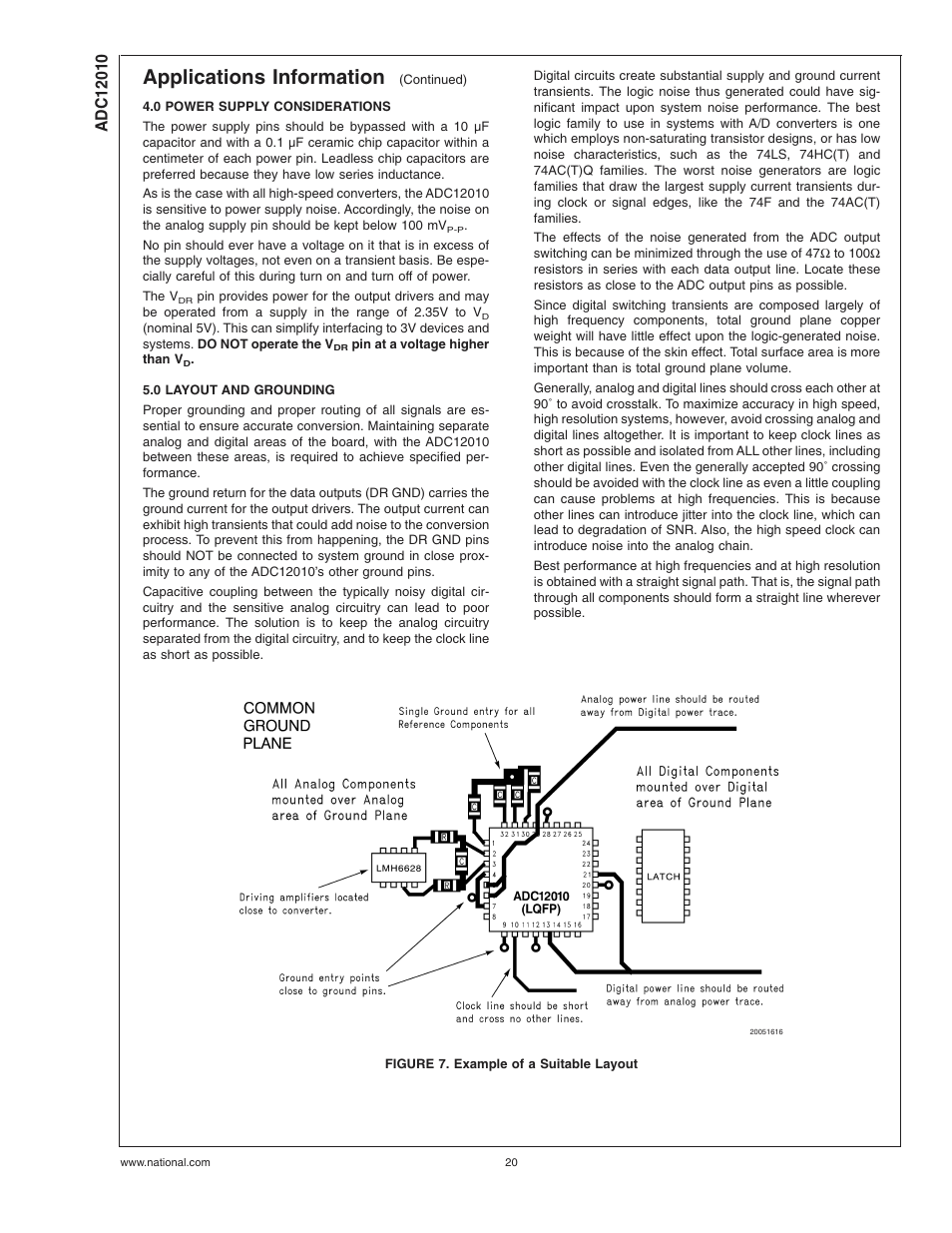 0 power supply considerations, 0 layout and grounding, Figure 7. example of a suitable layout | Applications information | Rainbow Electronics ADC12010 User Manual | Page 20 / 22