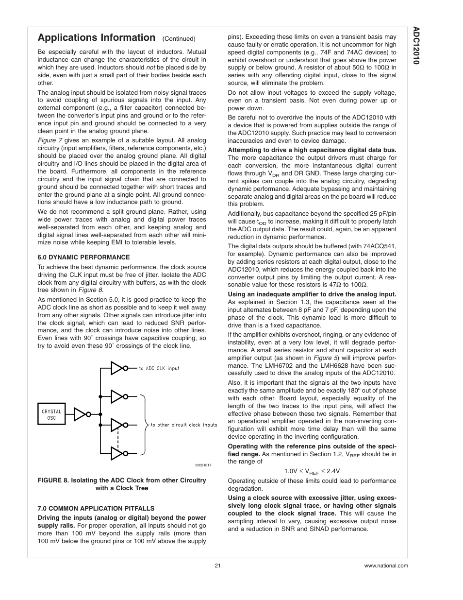 0 dynamic performance, 0 common application pitfalls, Applications information | Rainbow Electronics ADC12010 User Manual | Page 21 / 22