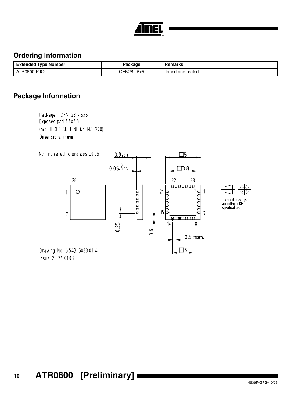 Atr0600 [preliminary, Package information ordering information | Rainbow Electronics ATR0600 User Manual | Page 10 / 11