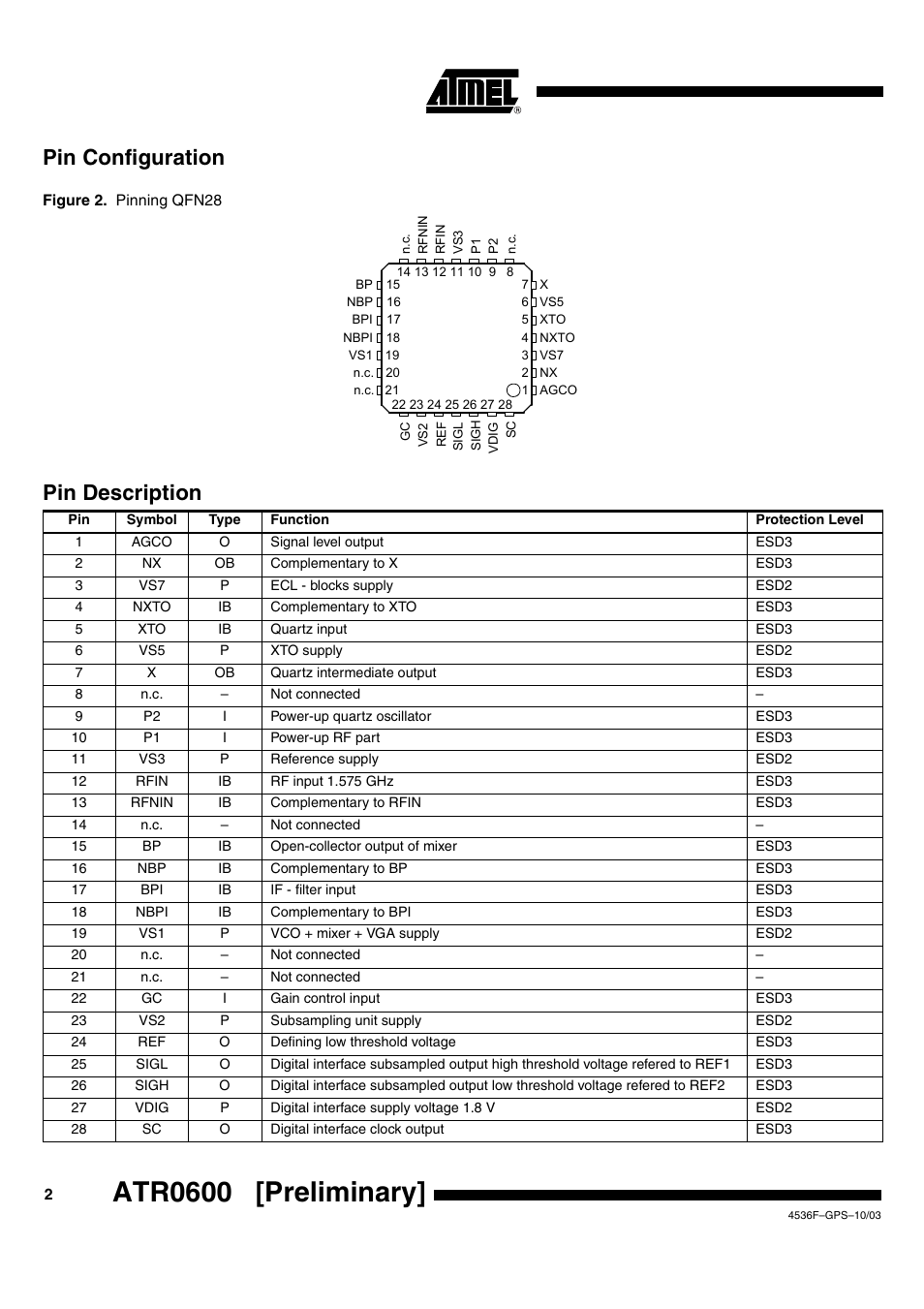 Atr0600 [preliminary, Pin configuration, Pin description | Rainbow Electronics ATR0600 User Manual | Page 2 / 11