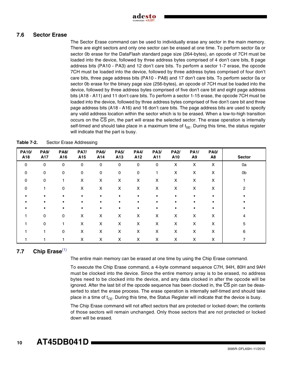 6 sector erase, 7 chip erase(1), 7 chip erase | Rainbow Electronics AT45DB041D User Manual | Page 10 / 53