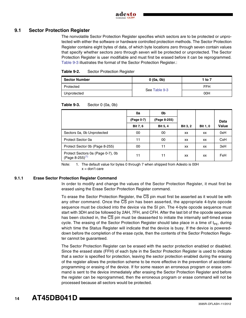 1 sector protection register, 1 erase sector protection register command | Rainbow Electronics AT45DB041D User Manual | Page 14 / 53